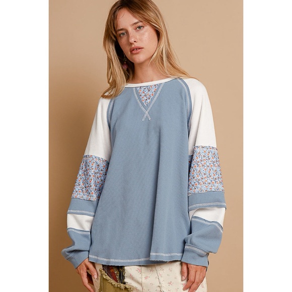 POL Blue & White Floral Contrast Long Sleeve Oversized Thermal Top - Picture 8 of 8